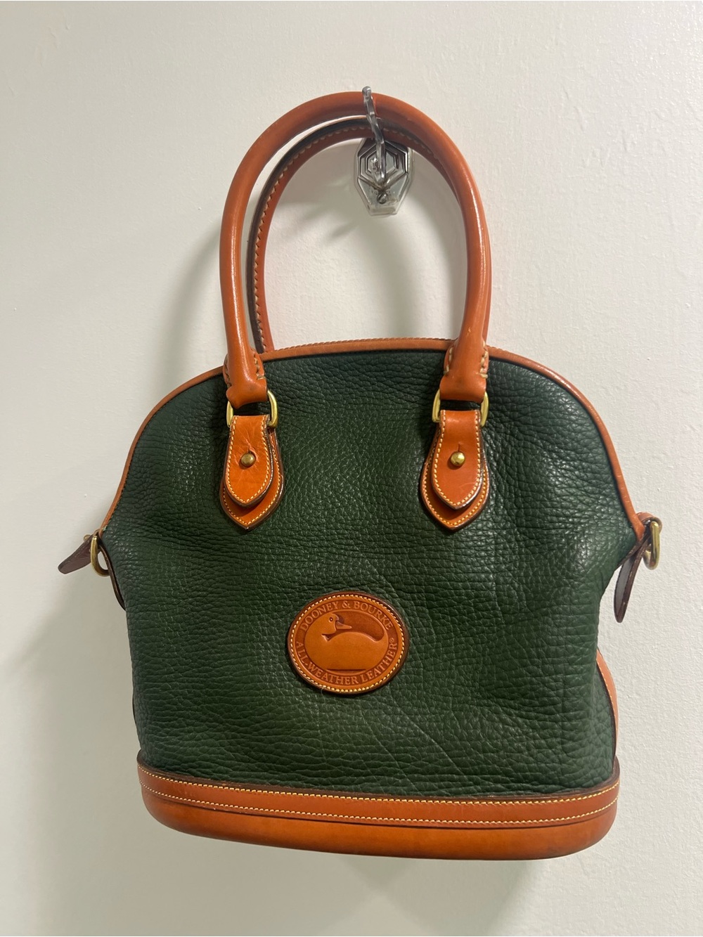 Dooney & Bourke Dark Green Pebbled Leather Satchel with Tan Trim vintage